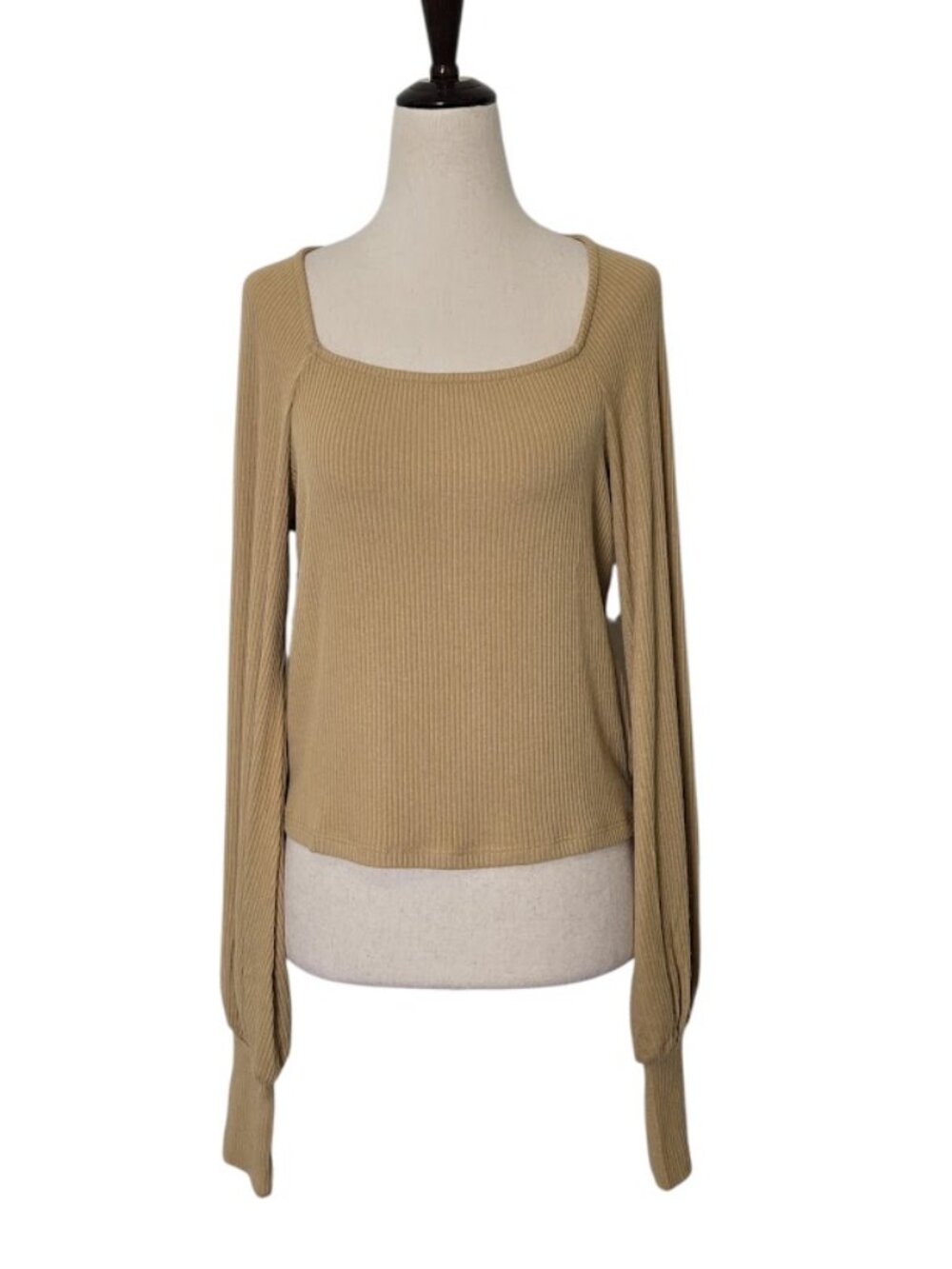 PST Project Social T Women's Size M Tan Ribbed Square Neck Long Sleeve Top NWOT